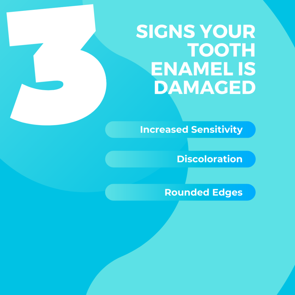 3 Signs your tooth enamel is damaged: Increased Sensitivity, Discoloration, Rounded Edges.